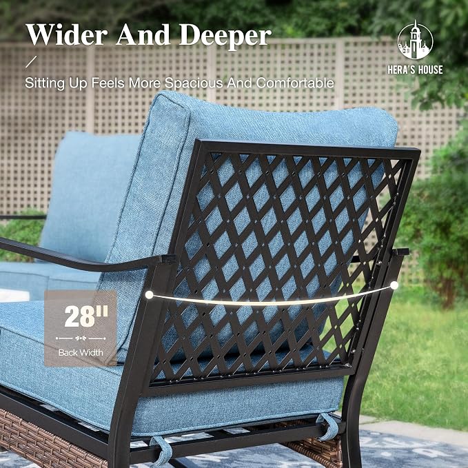 HERA'S HOUSE 4 Piece Metal Patio Furniture Set, 2 x Rocking Cushioned Chair, 2-Seat Lover Sofa with Coffee Table, All Weather Outdoor Conversation Set for Lawn Garden Backyard Deck, Navy Blue