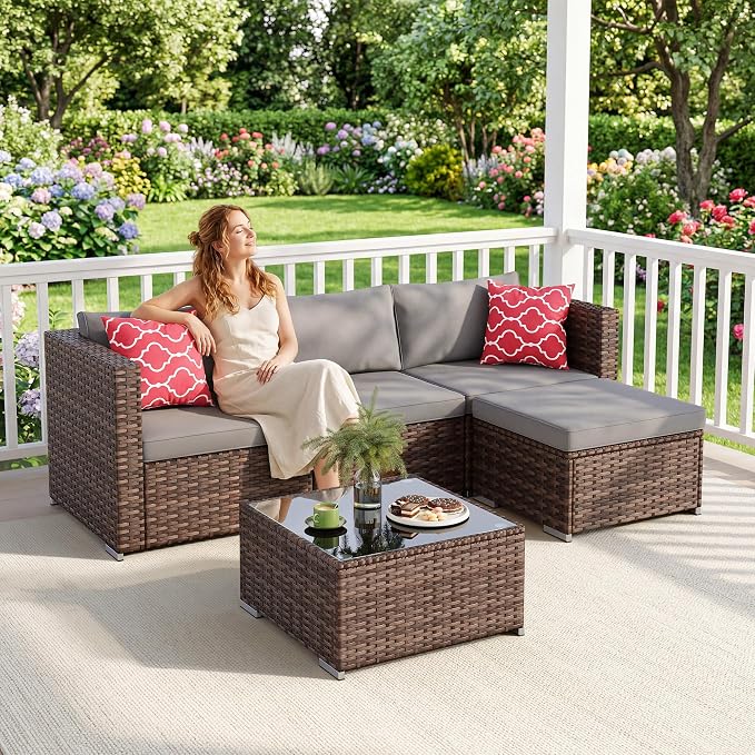 Ahomly 5 Piece Outdoor Patio Furniture Set, PE Wicker Rattan Sectional Sofa with Cushions and Glass Coffee Table, Outdoor Furniture Set for Garden Yard Porch, Grey
