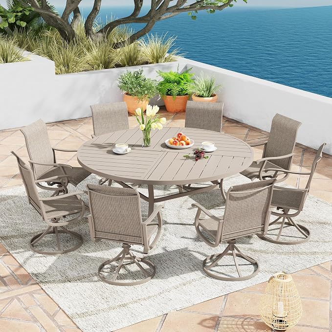 9 Pieces Patio Furniture Dining Set, 8 Textilene Swivel Dining Chairs, 60" Outdoor Round Metal Table with 1.57" Umbrella Hole, Outdoor Dining Set for Porch, Lawn, Garden, Sand/Sand