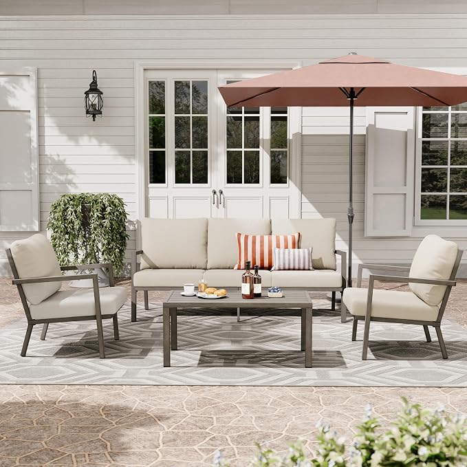 HAPPATIO Aluminum Patio Furniture Set, 4 Pieces Conversation Set with Thick Cushions and Coffee Table, All Weather 3-Seat Sofa Waterproof and Rustproof for Garden, Backyard, Porch, Grey