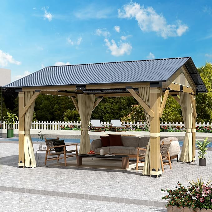 11' x 13' Wood Gazebo, Outdoor Hardtop Gazebo with Netting and Curtains, Cedar Wooden Frame Gazebos with Galvanized Steel Roof for Garden, Patio