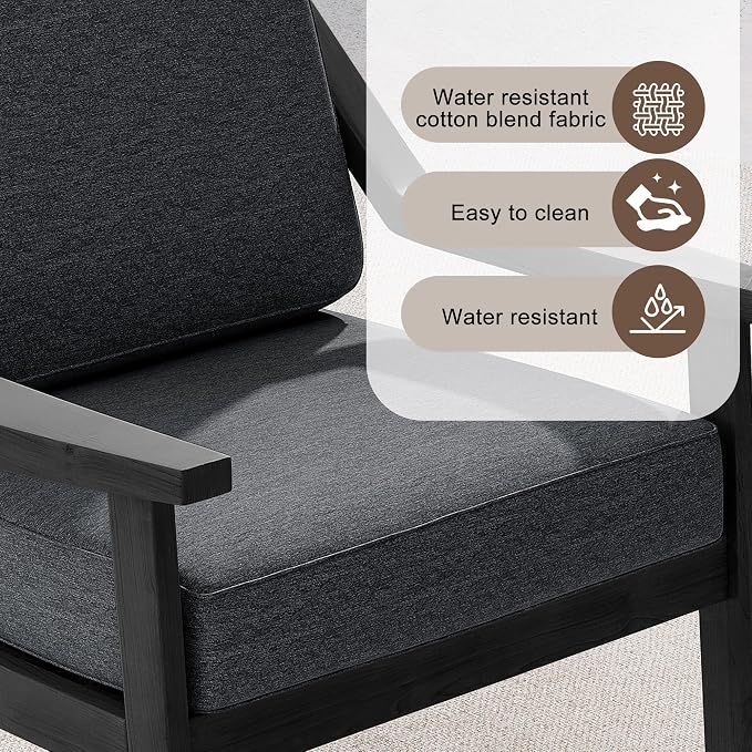 Outdoor Patio Furniture Set, 2 Piece Outdoor Patio Sofa Armchairs with Washable Thick Cushions, All-Weather Solid Wood Patio Bistro Set for Porch, Balcony, Black Frame & Dark Gray Cushion