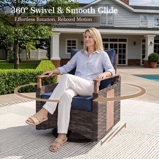 NestNook 6 Pieces Patio Furniture Set, Outdoor All-Weather Handwoven PE Wicker Swivel Chairs, Conversation Set with Coffee Table, Sofa with Thick Cushion & Ottoman for Backyard, Deck & Poolside, Blue