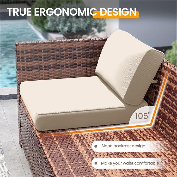 UDPATIO Patio Furniture Set, 7 Pieces Outdoor Sectional Sofa with 105°Slanted Back, Modular Rattan Conversation Set for Poolside, Backyard, Deck, with Coffee Table, Khaki