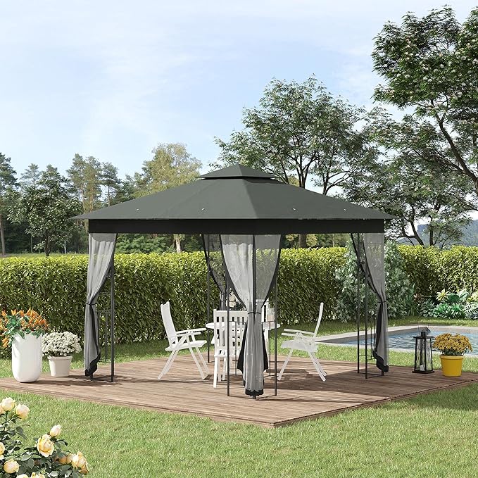 Outsunny 10' x 10' Metal Patio Gazebo, Double Roof Outdoor Gazebo Canopy Shelter with Tree Motifs Corner Frame and Netting, for Garden, Lawn, Backyard, and Deck, Gray