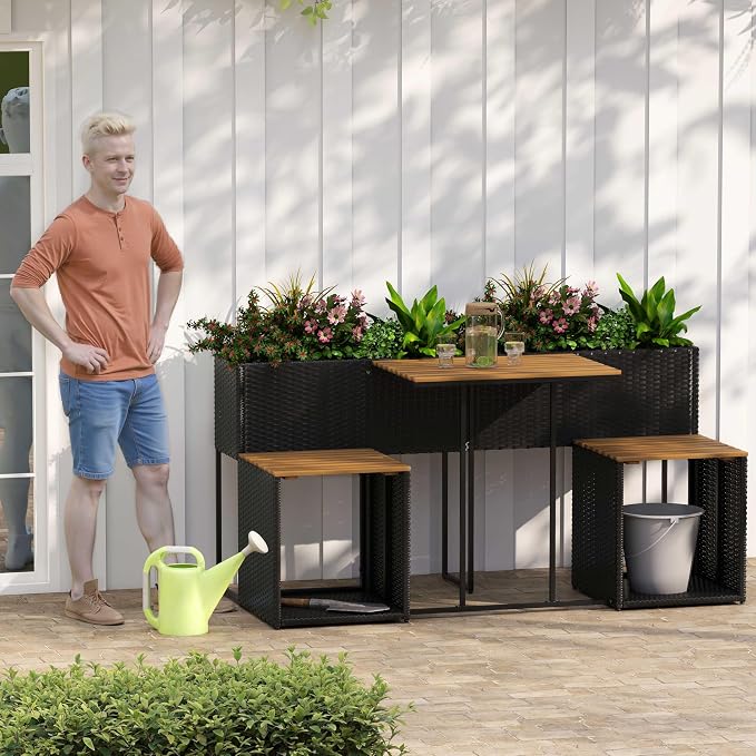 Moccha Patio Furniture Set with Raised Garden Bed - Rattan Outdoor Conversation Set with Bottom Storage, Acacia Wood Seating and Flower Box Set, Garden Planter Table with Chairs for Porch Yard Deck