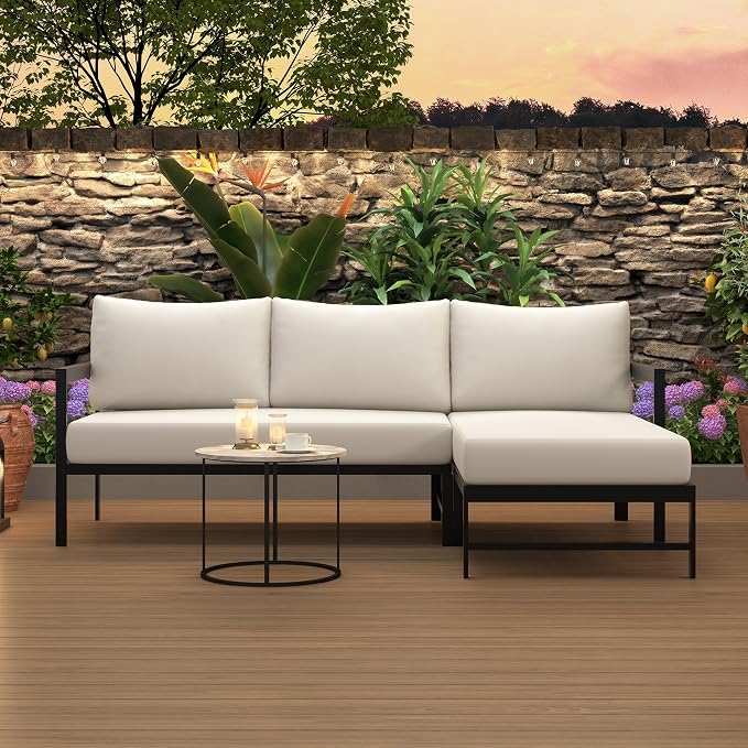 JIVOIT Outdoor L-Shaped Sofa with Iron Frame, Metal Patio Sofa Set with Ultra-Thick Cushions, Comfortable Seating for 3, Ideal for Patio, Balcony and Garden (Beige/35)