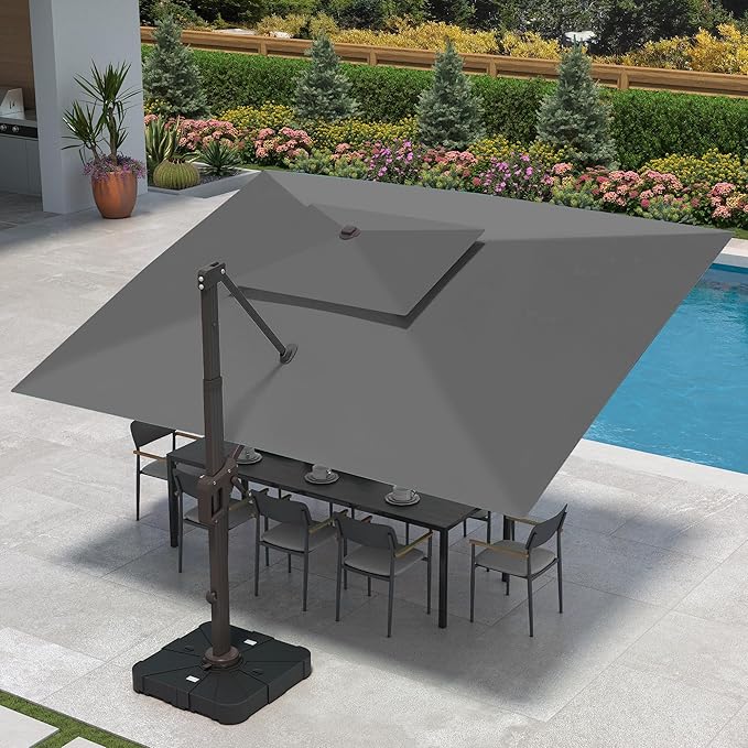 9 X 12 FT Cantilever Patio Umbrella with Led Lights Outdoor Heavy Duty Double Top Rectangle Offset Umbrellas with 360-degree Rotation for Pool Deck Backyard, Grey