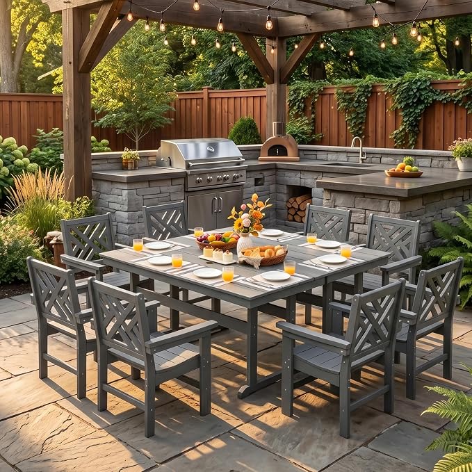 HDPE Outdoor Dining Set,10-Piece Outdoor Table and Chairs Include 8 Dining Chairs and 2 Pcs 62.5" Patio Dining Table with Umbrella Hole (Gray)