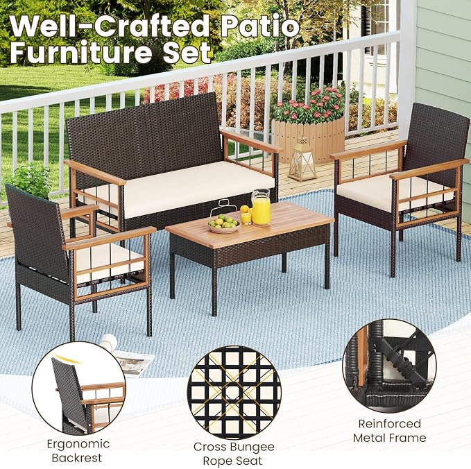 Tangkula 4 Pieces Wicker Patio Conversation Furniture Set, Outdoor Rattan Cushioned Armchairs & Coffee Table Set with Acacia Wood Tabletop for Backyard, Porch, Balcony (Off White)