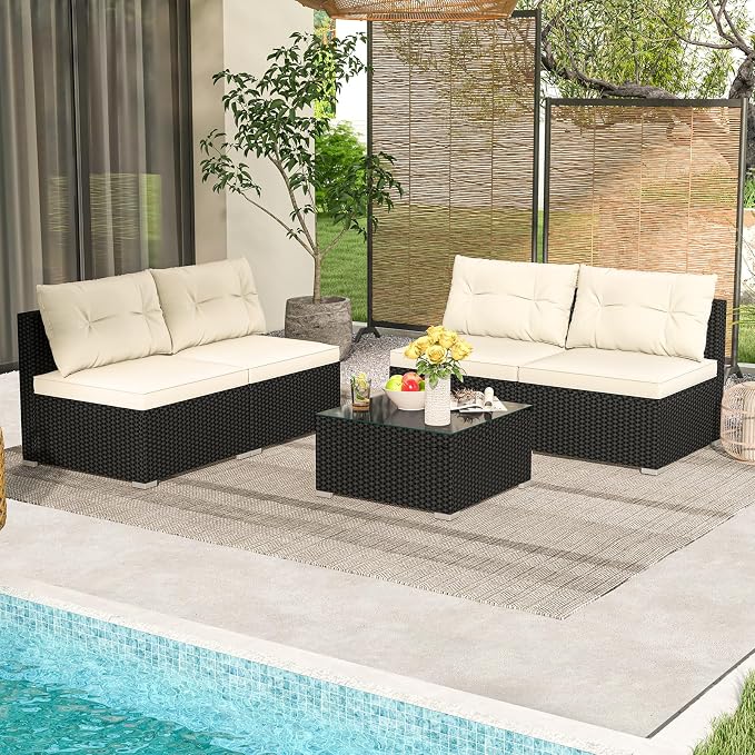 5 Pieces Patio Furniture Set, Outdoor Sectional Sofa with Tempered Glass Coffee Table & Cushions, Wicker Patio Conversation Set for Porch, Deck, Balcony, Poolside & Backyard