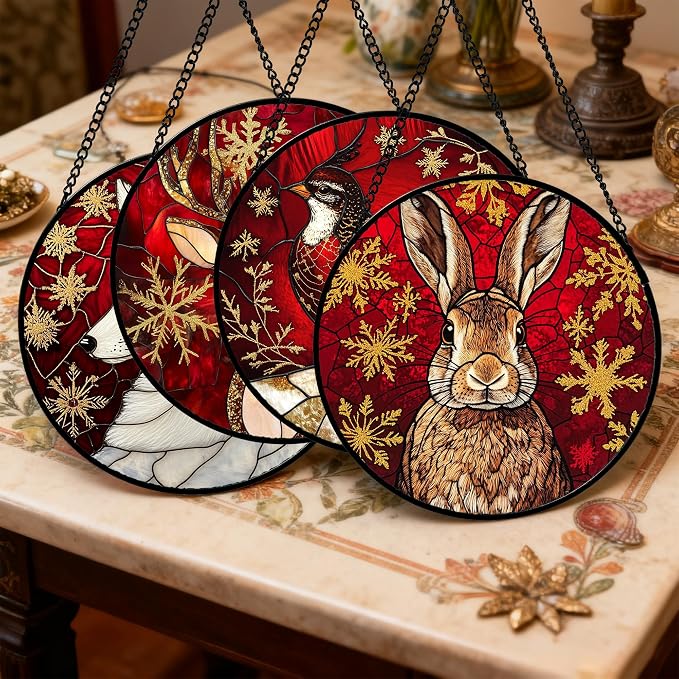 DASTOLL Stained Glass Window Hanging 4 Pcs Set Red Golden Snowflakes 7.8" - Christmas Elk Rabbit Suncatcher Door Garden Sun Catcher Decor Birthday for Mom Woman Nana Men