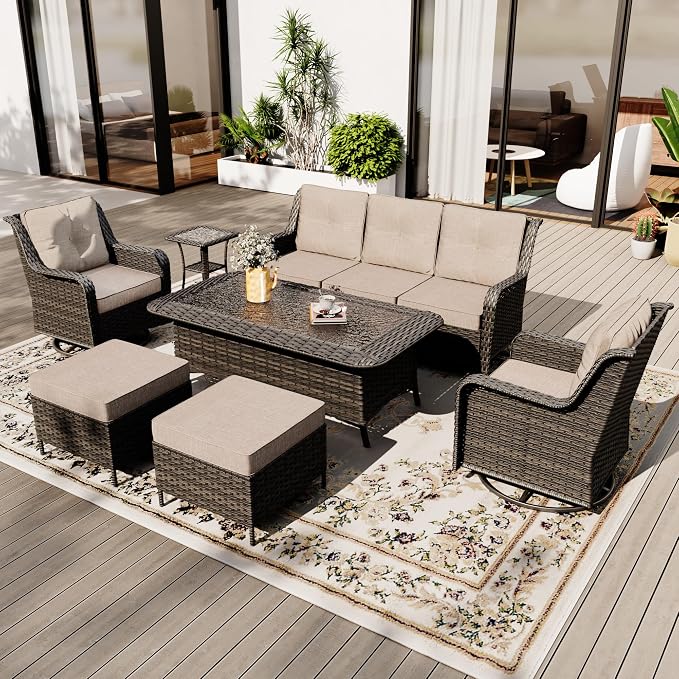 Gotland 7-Pcs Patio Conversation Set, Outdoor Thick Wicker Sectional Sofas with 2 Swivel Rocker Chairs, High Back Sectional Couch, Outdoor Furniture Set for Backyard, Deck, Porch, Khaki