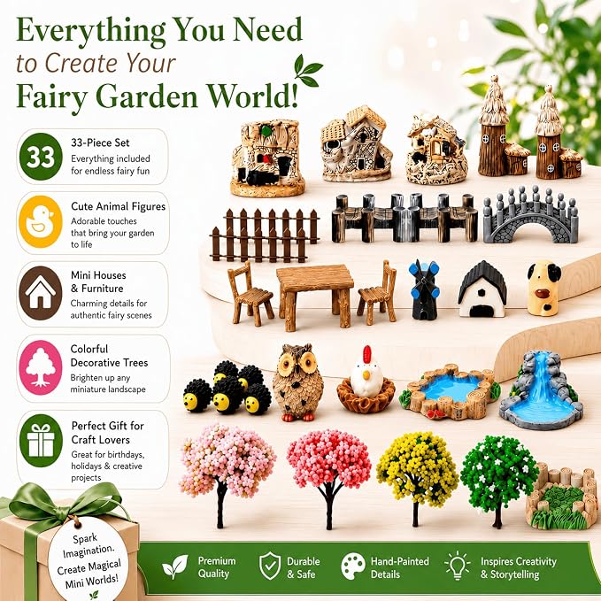 33 Pcs Fairy Garden Kit, Resin Fairy House Accessories with Animal Figurines & Fences, Stable & Noticeable Terrarium Decor for Outdoor Planters and DIY Micro Landscapes