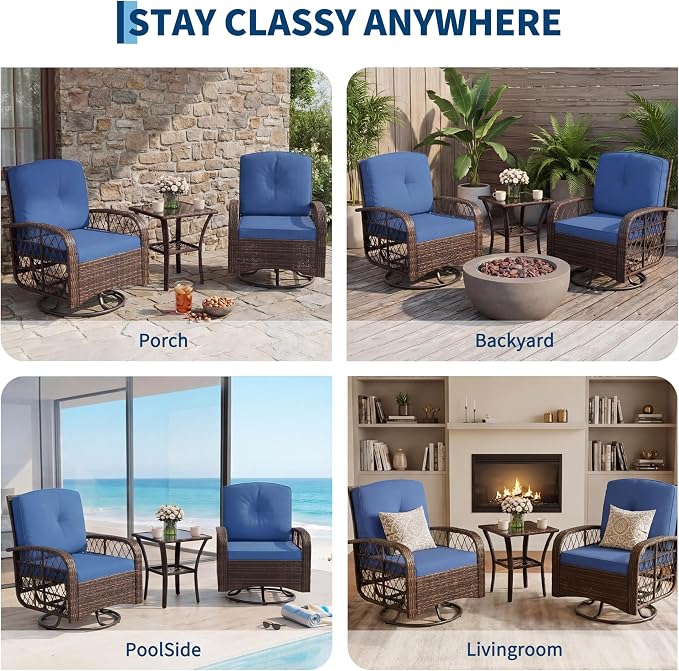 3 Pieces Patio Furniture Set, Outdoor Swivel Glider Rocker with Washable Cushions, Tempered Glass Tabletop Conversation Set for Deck, Porch, Balcony, Backyard, Garden, Brown & Blue