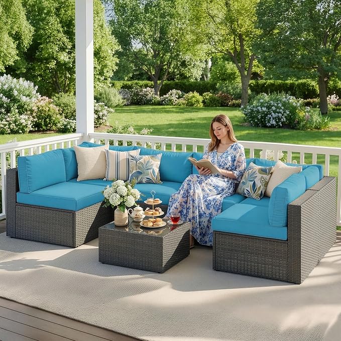 Wisteria Lane 7 Pieces Outdoor Patio Furniture Set, Wicker Outdoor Patio Sectional Sofas with Coffee Table, All-Weather Patio Conversation Set for Garden Backyard, Light Blue