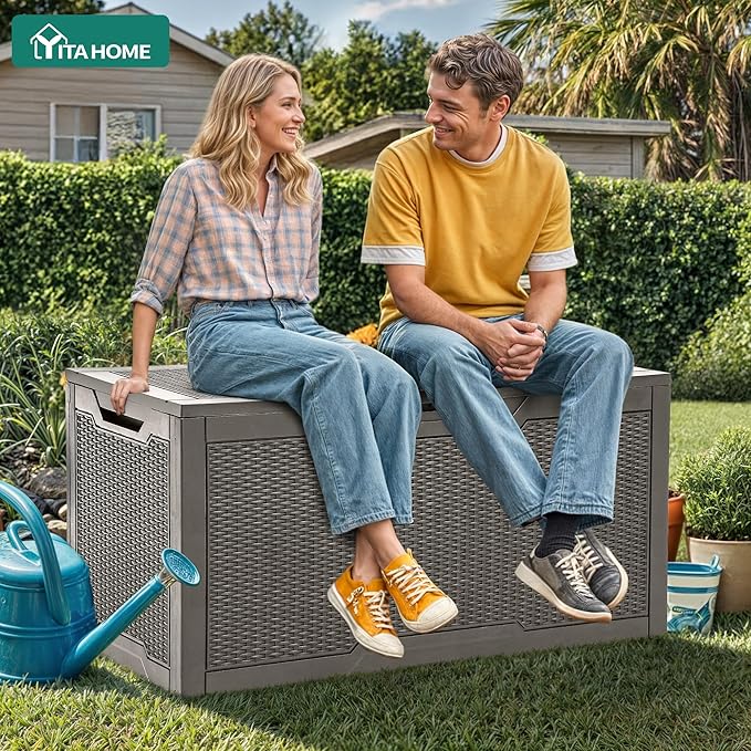 YITAHOME 100 Gallon Resin Deck Box, Weather Resistant Outdoor Storage Box, Lockable Indoor Outdoor Storage for Supplies and Essentials, Taupe