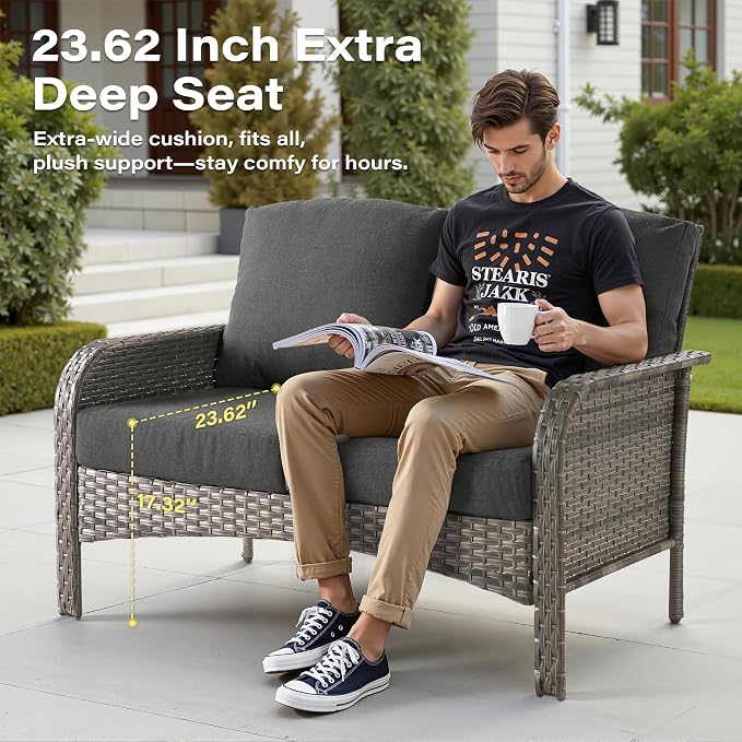 7 Pieces Patio Conversation Sets,Patio Furniture Set with Swivel Rocking Chairs,Coffee Table, Side Table, All Weather Rattan Wicker Outdoor Sectional Furniture Set for Porch Balcony Backyard Black