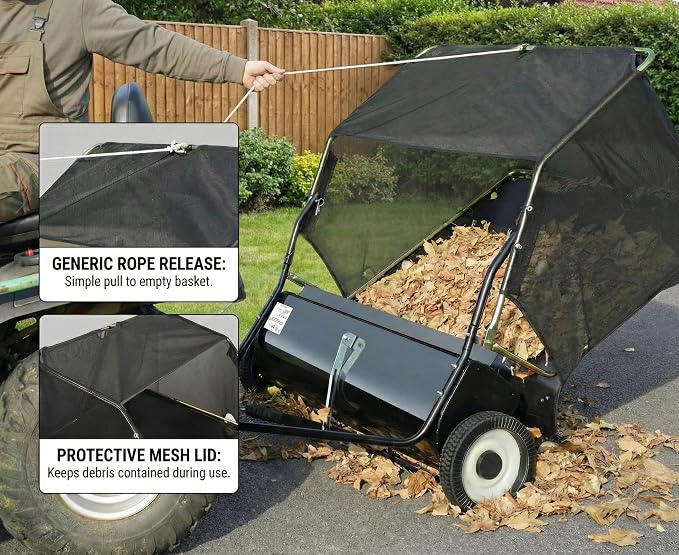 Tow Behind Lawn Sweeper, 42/50/52-Inch Pull Behind Leaf & Grass Collector, 12/26 cu. ft. Large Capacity Yard Sweeper with Adjustable Sweeping Height and Universal Hitch for Lawn Tractor (52"/26cuft)