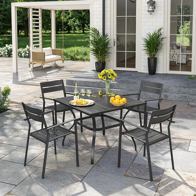 VICLLAX Patio 5 Pieces Outdoor Dining Set for 4, Wrought Iron Metal Outdoor Table and Chairs Set, 38" Square Table with Umbrella Hole and 4 Stackable Chairs for Lawn, Garden, Porch, Black