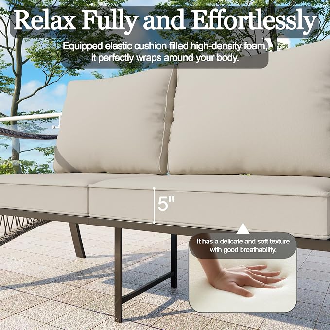 7 Pieces Patio Conversation Sets, All-Weather Metal Swivel Rocking Chairs with Rope Furniture Set, Outdoor Sofa Couch for Deck, Porch, Garden, Backyard, Poolside (Beige Cushions)