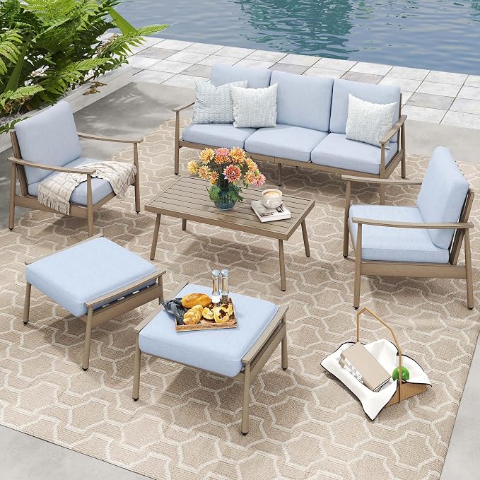 HAPPATIO Patio Outdoor Furniture Set - 6 Pieces Aluminum Outdoor Conversation Set with 1 Three-Seater Sofa, 1 Coffee Table, 2 Armchairs, and 2 Ottomans for Yard, Porch, and Deck (Brown)