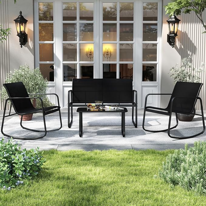 Tangkula 4 Piece Patio Furniture Set, Outdoor Rocking Bistro Set with 2 Rocking Chairs, Loveseat & Tempered Glass Coffee Table, Porch Rocker Chair Conversation Set for Balcony Poolside Garden