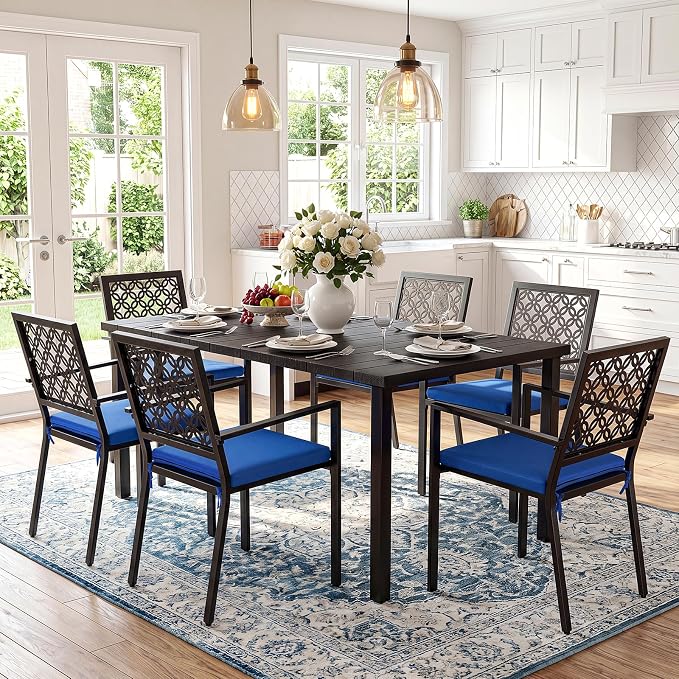LuxaDomus 7 Piece Outdoor Dining Set, Wood Grain Outdoor Patio Table and Chairs Set, Metal Dining Set with with 6 Spacious Dining Chairs, All Weather Patio Furniture Set for Deck Garden Poolside