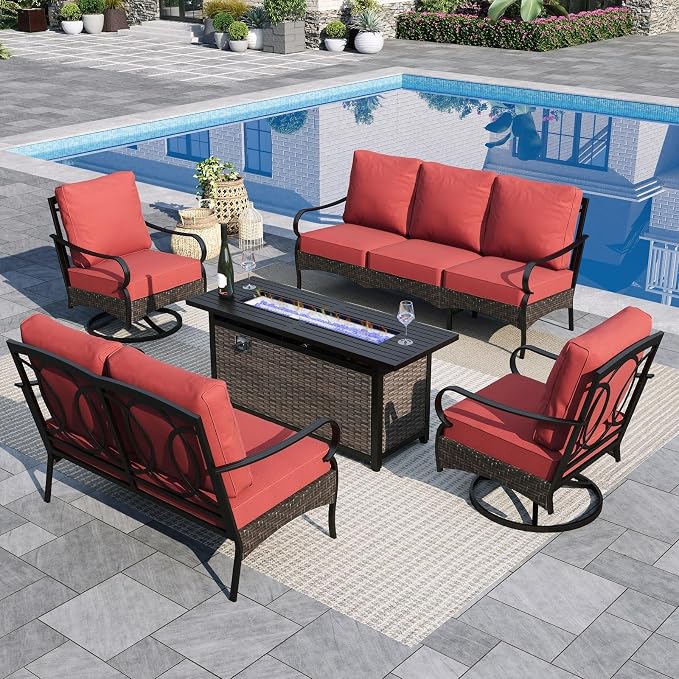 Sophia & William Patio Furniture Set with Fire Pit Table, 4PCS Metal Outdoor Conversation Set with Fire Pit Table, 2 Swivel Chairs,1 Loveseat,3-Seater Couch for Outdoor Seating,Backyard,Porch(Red)