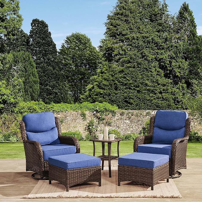 HILLGA Luxury 5PCS Outdoor Swivel Rocker Patio Chairs of 2 with 6 Inch Thick Cushions and Side Table, All Weather Outdoor Chairs High Back Wicker Patio Furniture Set for Porch and Deck, Blue