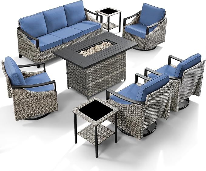 Patio Furniture Set with 42.5" Fire Pit Table-8 Pieces All Weather Wicker Outdoor Furniture with High Back Swivel Patio Chairs Set of 4 Outdoor Patio Conversation for Deck Garden Blue/Gray