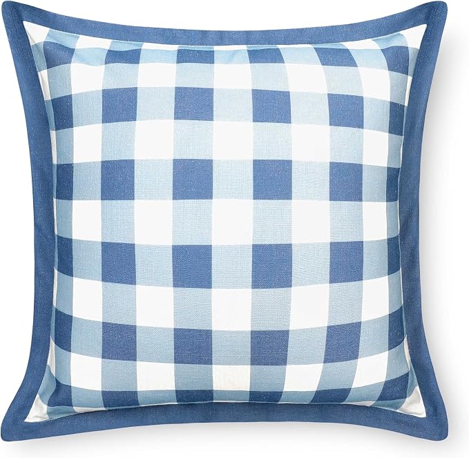 California Casual Coastal Indoor Outdoor Throw Pillow Cover, 22"x22" Water Repellent for Patio, Backyard, Couch, Poolside, Azure Blue Print Gingham