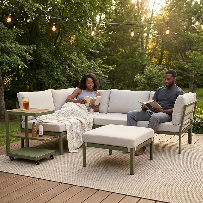 4 Piece Patio Sectional Sofa Set, Patio Furniture Set with Cushions, Outdoor Furniture Conversation Set for 5, Modern Modular Patio Couch with Side Table/Pullout Tray for Deck/Pool, Beige