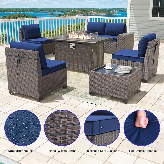 7 Pieces Outdoor Patio Furniture Set with 43"/55000BTU Gas Fire Pit Table,PE Rattan Wicker Outdoor Conversation Sofa Set Non-Slip Cushions Waterproof Covers for Backyard,Poolside,Garden,Navy