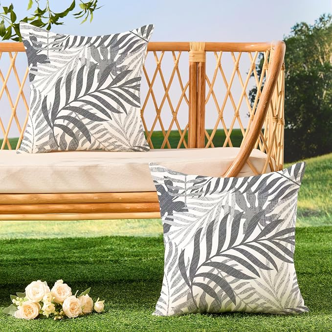 Allorry Outdoor Pillow Covers 18x18 Set of 2 Hawaii Tropics Palm Leaves Grey Floral Pattern Decoration Pillow Covers for Spring Summer Outdoor Waterproof Garden Patio Sofa Bed Decor JB010-H18