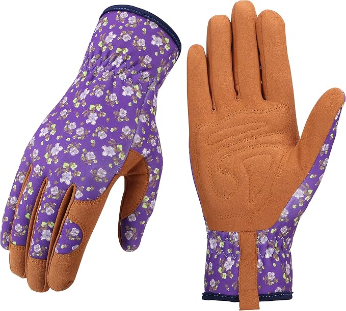 Bamllum Gardening Gloves for Women, Leather Garden Gloves | Breathable Garden Gloves with a Padded Palm, Flexible Fit and Elastic Wrist for Weeding, Digging, Planting and Pruning