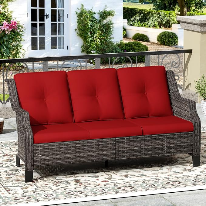 Outdoor Patio Sofa Wicker 3 Seater Sofa, Rattan Couch with Deep Seat and Olefin Cushions, High Backrest, All-Weather for Balcony, Deck, Backyard