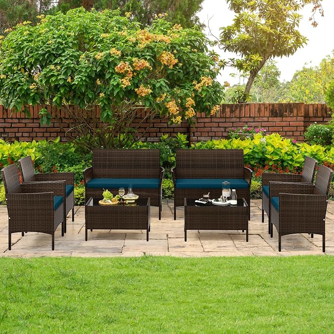 Tangkula 8 Piece Patio Rattan Conversation Set, Outdoor Wicker Furniture Set with Chair, Loveseat & Tempered Glass Table, Cozy Seat Cushions, Outside Sectional Sofa Set for Backyard (2, Peacock Blue)