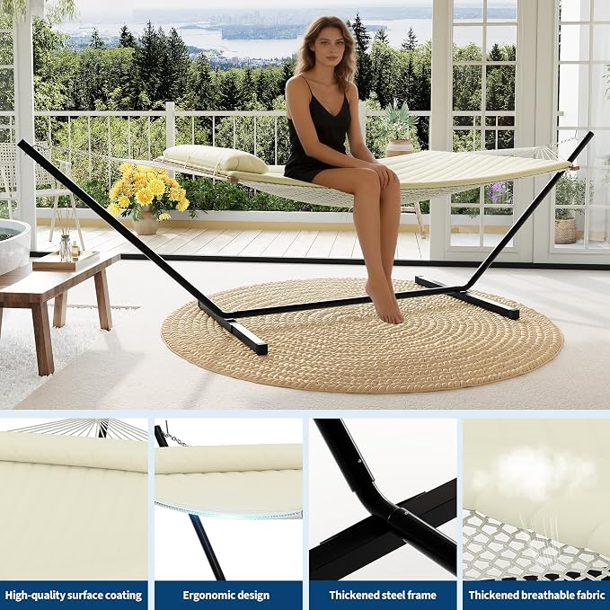 Double Hammocks with Stand for Outside, Heavy Duty Portable Outdoor Hammock with Soft Pillow & Paded, 450 LBS Weight Capacity, Perfect for Outdoor Indoor Patio Backyard Garden