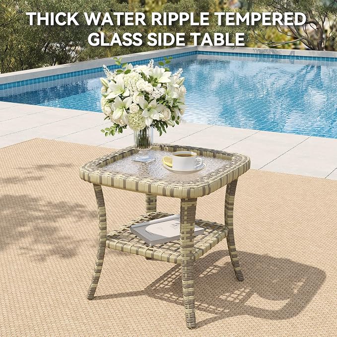 LazySunsets 7 Piece Outdoor Patio Furniture Set with 44'' Fire Pit Table, Wicker Rattan Outdoor Furniture with High Back Swivel Rocker Chairs, Outdoor Sofa Set with Thick Cushions, Grey