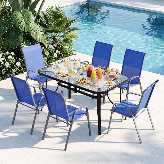 Arlopu 7-Piece Outdoor Table and Chairs for 6, Outdoor Dining Set W/Rectangle Glass Table and Patio Textilene Stackable Chairs, Patio Furniture Set W/Umbrella Hole (Black Table & Navy Blue Chair)