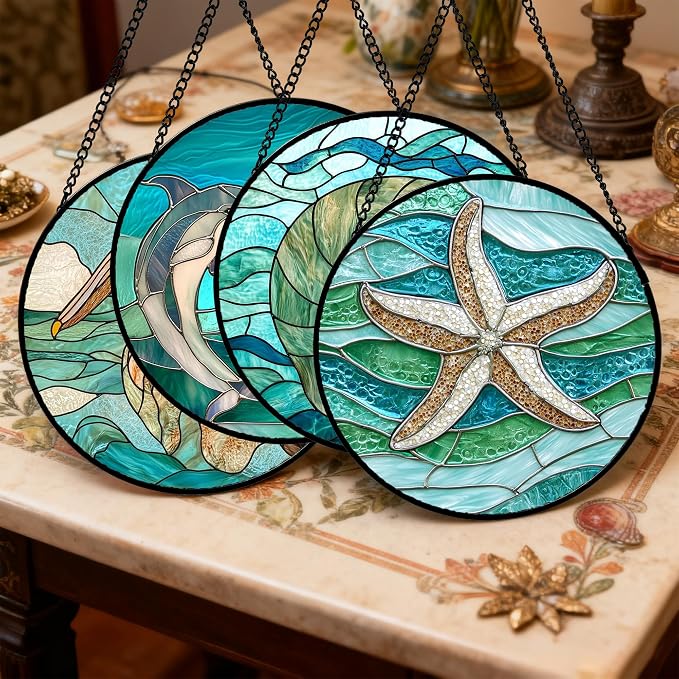 DASTOLL Stained Glass Window Hanging 4 Pcs Set Cyan Ocean Life Theme 9.8" - Sea Starfish Suncatcher Door Garden Sun Catcher Decor Birthday for Mom Woman Nana Men Friend