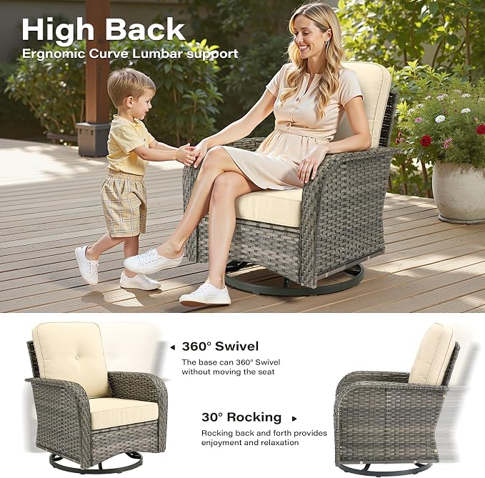 5 Pieces Patio Furniture Set, All Weather Rattan Patio Conversation Sets with Swivel Rocking Chairs, Coffee Table, High Back Outdoor Furniture Loveseat for Porch, Backyard,Beige