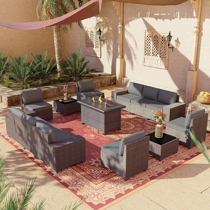 13 PCS Outdoor Patio Furniture Set,Outdoor Sectional Furniture with 43" 55000 BTU Gas Propane Fire Pit Table,All Weather PE Rattan Wicker Patio Conversation Set,Grey