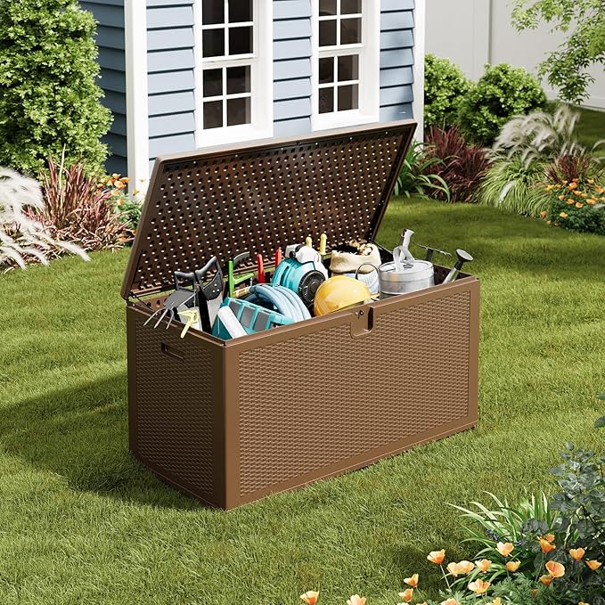 Garvee 150 gal Large Resin Deck Box, Waterproof & Weatherproof Outdoor Storage Box, Lockable Pool Storage Bin with Lid for Porch Patio Garden Backyard, Brown