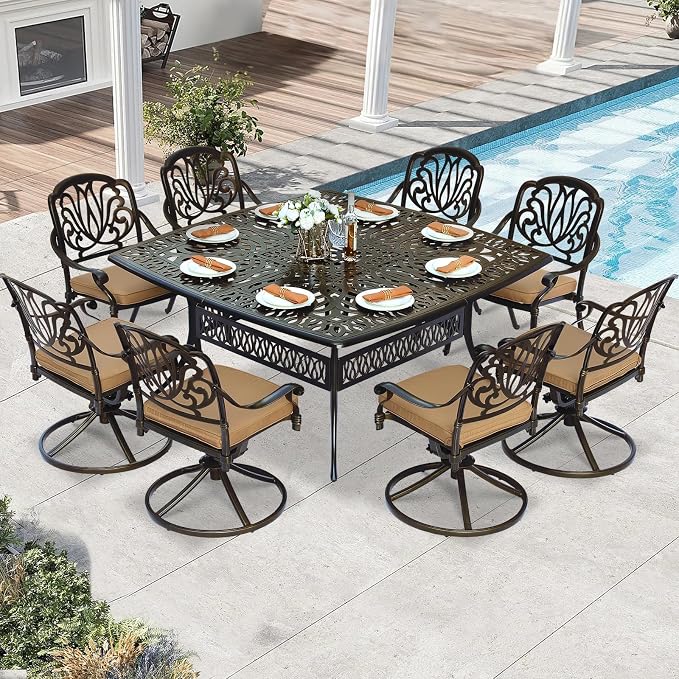 9 Piece Outdoor Patio Dining Set for 8, Cast Aluminium Large Square Dining Table & 4 Swivel Chairs, 4 Regular Chairs, 8 Cushions, Umbrella Hole, Patio Furniture Set for Garden, Khaki