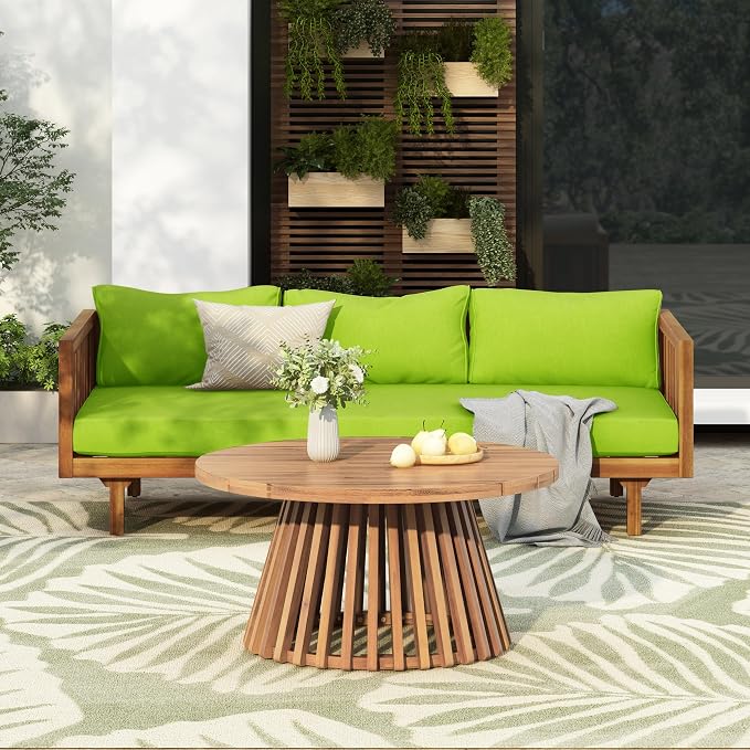 Merax Outdoor Acacia Wood Conversation Set - Patio 3-Seat Loveseat Sofa w/Coushion and Round Coffee Table for Backyard, Lawn, Balcony, Teak+Green/Light Teak