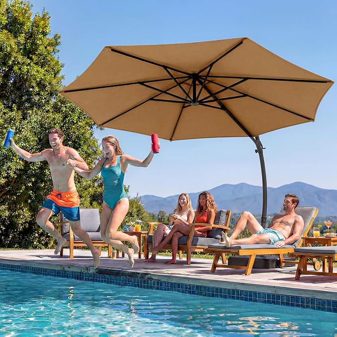 LAUSAINT HOME 10FT Curvy Cantilever Patio Umbrella with Base, 360° Rotation Offset Outdoor Umbrella, Heavy Duty Hanging Umbrella for Backyard, Pool, Garden（Tan）