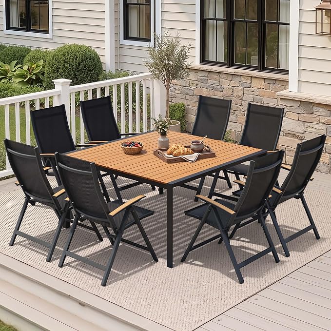9-Piece Patio Dining Set, 56" Square Outdoor Table with Recliner Chairs | Aluminum Frame Adjustable Back& WPC Tabletop with Umbrella Hole for Garden Backyard Porch, Brown