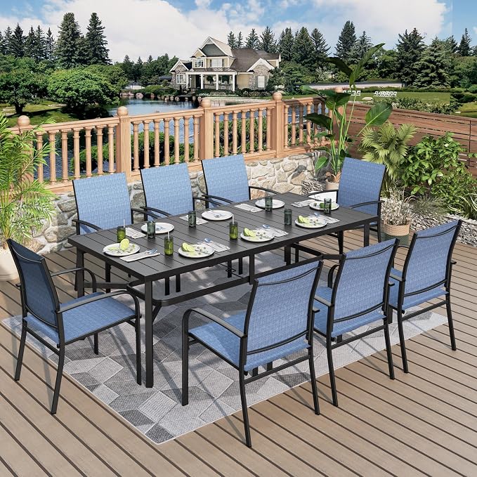 MIXPATIO 9 Pieces Patio Table and Chairs Set, Patio Dining Set for 8, 8 Textilene Chairs and 83” Rectangular Patio Dining Table with Umbrella Hole, for Deck Backyard Lawn Poolside, Blue